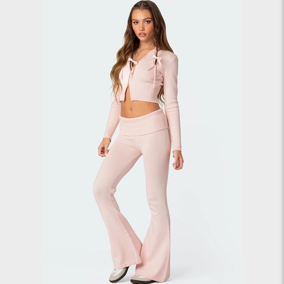 💕Edikted Desiree Knitted Hooded Cardigan & Low Rise Fold Over Pants Pink Set💕 - Picture 5 of 12